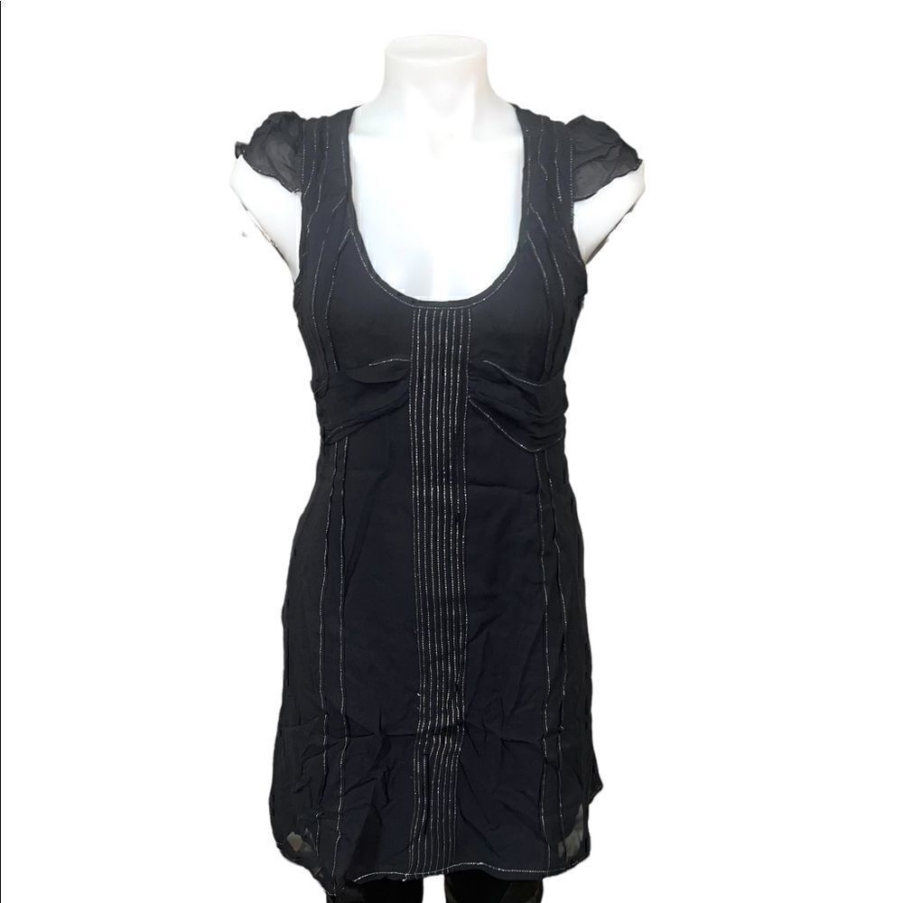 Rock & Republic Collection dress black 100% silk metallic thread detail mockbelt